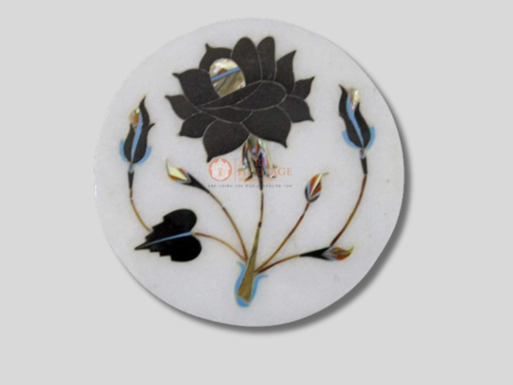 White Marble Coaster Set Pietra Dura Floral Inlaid Art